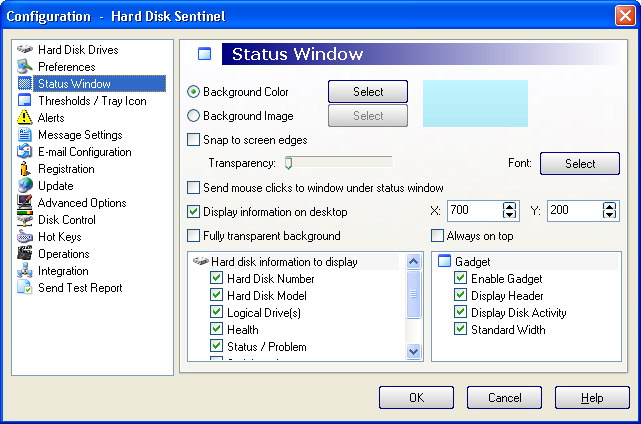 Status window configuration