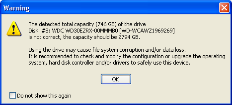 The detected total capacity of the drive is not correct