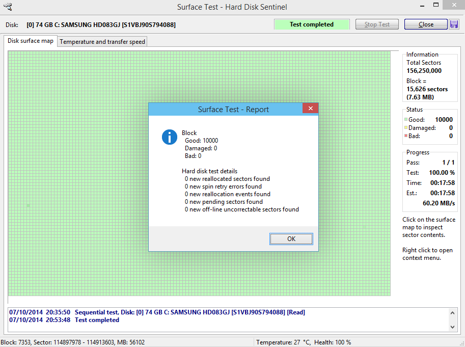 Hard Disk Sentinel performed hard disk test
and resulted in no problems