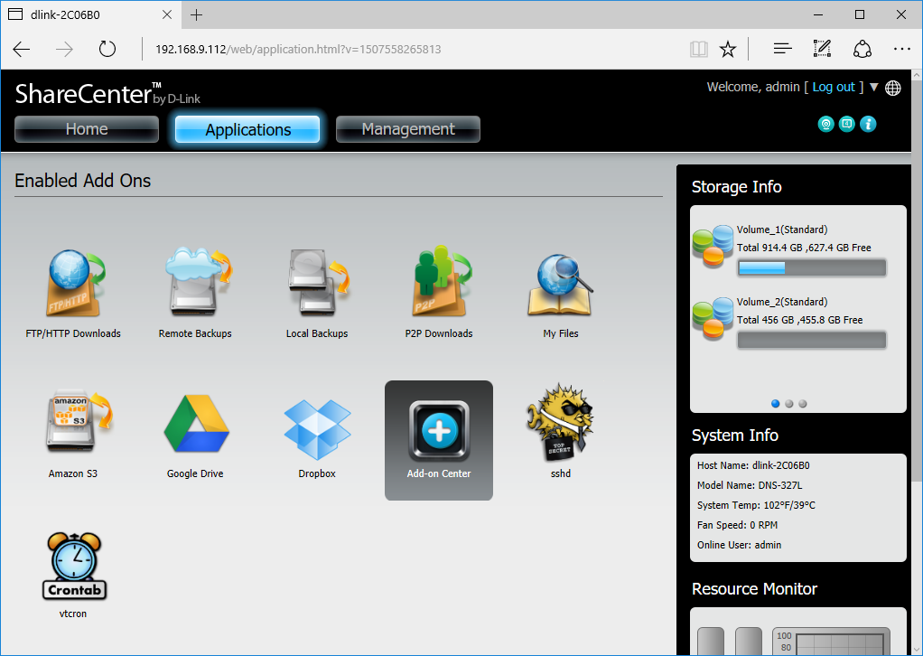Add-on center on NAS interface