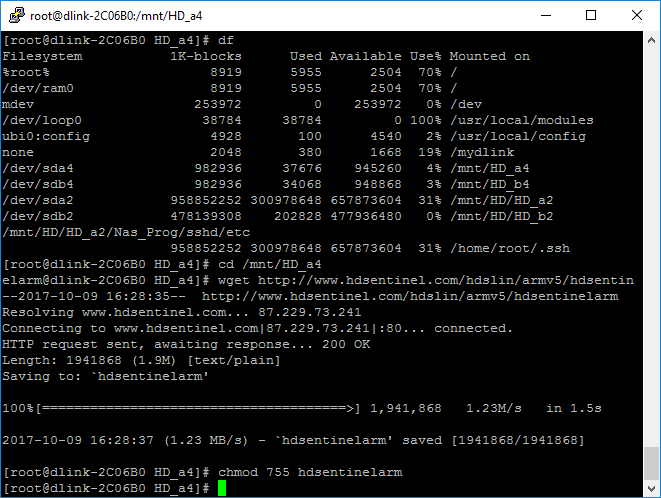 Free disk space, selected folder, downloaded and permissions set