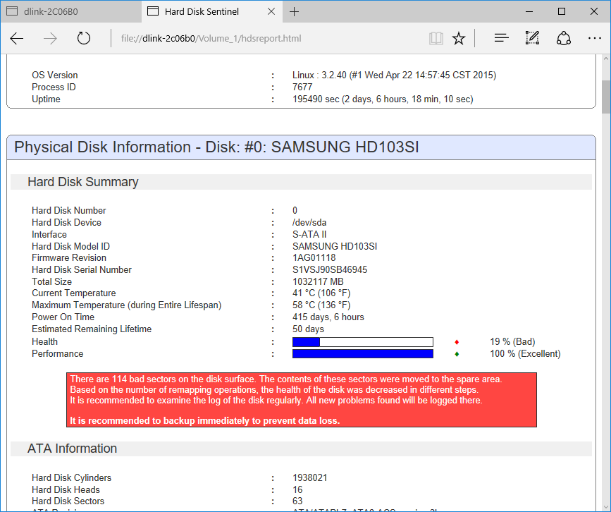 Hard Disk Sentinel HTML report about NAS hard disk