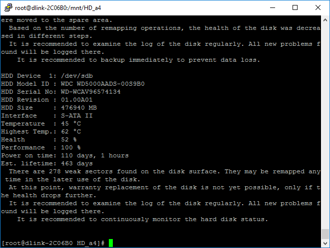 NAS hard disk status detected by Hard Disk Sentinel Linux